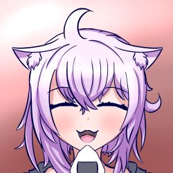 Rule 34 | 1girl, ahoge, animal ear fluff, animal ears, blush, cat ears, closed eyes, fangs, female focus, food, hair between eyes, happy, highres, holding, holding food, hololive, nekomata okayu, onigiri, open mouth, portrait, purple hair, red background, short hair, solo, standing, theartistaurora, tongue, virtual youtuber