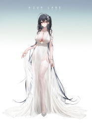 Rule 34 | 1girl, absurdly long hair, absurdres, ahoge, azur lane, bare shoulders, black hair, blue background, breasts, cleavage, closed mouth, commentary request, concept art, copyright name, dress, full body, garter straps, gradient background, hair between eyes, hair ornament, hair over shoulder, highres, jewelry, large breasts, legs, long hair, looking at viewer, necklace, official alternate costume, official art, red eyes, revision, shoes, skindentation, solo, standing, taihou (azur lane), taihou (temptation on the sea breeze) (azur lane), thighhighs, very long hair, white background, white dress, white footwear, white thighhighs, yunsang