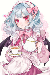 Rule 34 | alternate costume, apron, back bow, blush, bow, closed mouth, commentary request, cowboy shot, cup, dress, dutch angle, enmaided, flower button, frills, hair bow, heart, heart in eye, highres, holding, holding saucer, holding teapot, jewelry, long sleeves, maid, maid apron, maid headdress, medium hair, nail polish, pink bow, pink dress, pink neckwear, pointy ears, red eyes, red nails, remilia scarlet, ring, saucer, signature, silver hair, simple background, smile, solo, standing, star (symbol), symbol in eye, tea, teacup, teapot, touhou, wavy hair, white background, white bow, youtan