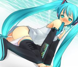 Rule 34 | anal, aqua eyes, aqua hair, ass, blue eyes, blue hair, blush, boots, green eyes, hatsune miku, headphones, long hair, mouth hold, necktie, negi suppository, object insertion, panties, panty pull, spring onion, takashima, thighhighs, twintails, underwear, very long hair, vocaloid, vocaloid2