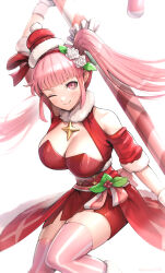 Rule 34 | 1girl, bare shoulders, blush, breasts, brooch, candy, candy cane, christmas, closed mouth, commentary request, diagonal stripes, female focus, fire emblem, fire emblem: three houses, fire emblem heroes, food, gloves, gonzarez, hair ornament, highres, hilda valentine goneril, hilda valentine goneril (winter), jewelry, large breasts, long hair, looking at viewer, matching hair/eyes, nintendo, official alternate costume, one eye closed, pink eyes, pink hair, pink thighhighs, simple background, smile, solo, star brooch, striped, thighhighs, twintails, twitter username, white gloves, wink, zettai ryouiki