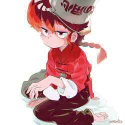 Rule 34 | 1girl, apple-boy, barefoot, breasts, bucket, feet, hair between eyes, medium breasts, ranma-chan, ranma 1/2, red hair, simple background, solo, toes, water, wet, wet face, wet hair, white background
