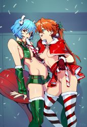 Rule 34 | 2girls, arched back, assertive female, ayanami rei, bell, blue eyes, blue hair, blush, breast curtains, breast press, breasts, candy, candy cane, capelet, chair, christmas, cleft of venus, clothes lift, collar, commentary, cowboy shot, detached sleeves, english commentary, fake antlers, feeding, fellatio, female pubic hair, femdom, food, food in mouth, force-feeding, gloves, green legwear, green shorts, green sleeves, hair ornament, high-waist skirt, holly hair ornament, hood, hood down, hooded capelet, jingle bell, lifting own clothes, multicolored clothes, multicolored legwear, multiple girls, navel, neck bell, neon genesis evangelion, nipple slip, nipples, no bra, no panties, open fly, optionaltypo, oral, orange hair, phallic symbol, pubic hair, red capelet, red eyes, red gloves, red legwear, saliva, short hair, short shorts, shorts, sideways mouth, simulated fellatio, skirt, skirt lift, small breasts, snowing, souryuu asuka langley, striped clothes, striped legwear, striped thighhighs, suggestive fluid, teeth, thighhighs, tongue, tongue out, two side up, underboob, upper teeth only, white legwear, yuri