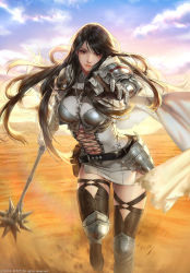 Rule 34 | 1girl, armor, belt, belt pouch, black eyes, black hair, black legwear, blurry, blurry background, breasts, cape, chu chohong, cloud, covered navel, cross-laced clothes, day, fantasy, gauntlets, highres, jdori, lens flare, long hair, looking at viewer, mace, medium breasts, navel, official art, outdoors, pouch, smile, solo, standing, tamsig-ui jaelim, the second coming of gluttony, very long hair, weapon, white cape