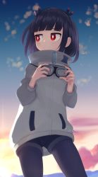 Rule 34 | 1girl, absurdres, black hair, black shorts, blue background, bright pupils, closed mouth, cloud, commentary, cowboy shot, english commentary, fingernails, goggles, gradient background, grey jacket, grey pantyhose, highres, holding, holding goggles, jacket, jitome, jitomi monoe, long sleeves, medium hair, nail polish, pantyhose, purple hair, red eyes, red nails, short shorts, shorts, smile, solo, twitter username, virtual youtuber, voms, white pupils, yoako