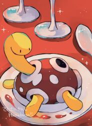 Rule 34 | animal focus, artist name, colored skin, commentary request, creatures (company), game freak, gen 2 pokemon, glass, hanabusaoekaki, highres, nintendo, no humans, on plate, plate, pokemon, pokemon (creature), red background, shell, shuckle, solid oval eyes, solo, sparkle, spoon, yellow skin