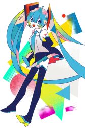 Rule 34 | 1girl, :d, abstract background, ahoge, arm tattoo, arms behind back, black skirt, black sleeves, black thighhighs, blue eyes, blue hair, blue necktie, boots, collared shirt, colored shoe soles, commentary, detached sleeves, full body, gradient necktie, hair ornament, halftone, hatsune miku, headset, highres, light blue hair, long hair, looking at viewer, machigami yoh, miniskirt, necktie, number tattoo, open mouth, shapes, shirt, simple background, skirt, sleeveless, sleeveless shirt, smile, solo, standing, tattoo, thigh boots, thighhighs, twintails, very long hair, vocaloid, white background, white shirt, yellow necktie, zettai ryouiki