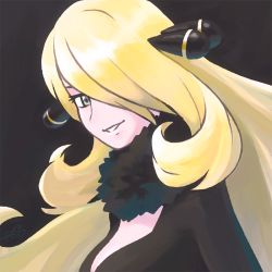 Rule 34 | 1girl, bad id, bad twitter id, black background, black dress, blonde hair, commentary request, creatures (company), cynthia (pokemon), dress, fur collar, game freak, green eyes, grin, hair ornament, hair over one eye, long hair, looking at viewer, nintendo, one eye covered, pokemon, pokemon dppt, reiesu (reis), simple background, smile, solo, upper body