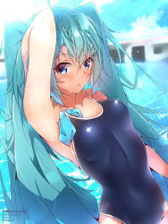 Rule 34 | 1girl, ahoge, arm up, artist name, blue eyes, blue hair, blue one-piece swimsuit, blurry, blurry background, blush, breasts, collarbone, day, hair between eyes, halkawa501, hatsune miku, highres, long hair, looking at viewer, one-piece swimsuit, open mouth, outdoors, school swimsuit, small breasts, solo, spaghetti strap, standing, swimsuit, twintails, very long hair, vocaloid, watermark