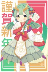 Rule 34 | 1girl, absurdres, bell, bow, braid, child, chinese zodiac, closed mouth, commentary request, crystal earrings, double bun, dragon, dragon girl, dragon horns, dragon print, dragon tail, dragon wings, earrings, floral print, green hair, hair bell, hair bow, hair bun, hair ornament, highres, horns, jewelry, jingle bell, nekomura yuyuko, nengajou, new year, original, red bow, side braid, single braid, sleeves past fingers, sleeves past wrists, smile, solo, tail, twitter username, very long sleeves, wings, year of the dragon, yellow eyes