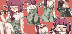 Rule 34 | 1girl, alcohol carton, arm support, ass, bare arms, bare shoulders, black bow, black jacket, black nails, blunt bangs, blush, blush stickers, bocchi the rock!, bottle, bow, braid, breasts, chibi, closed eyes, collarbone, commentary, covered erect nipples, covered navel, cropped legs, cropped torso, dress, drooling, drunk, furrowed brow, green dress, hair bow, hair over shoulder, head out of frame, hiroi kikuri, holding, holding bottle, holding carton, jacket, jazz jack, knees up, long hair, long sleeves, looking at viewer, looking back, low-braided long hair, low-tied long hair, medium breasts, multicolored clothes, multicolored jacket, multiple views, nail polish, off shoulder, open clothes, open jacket, open mouth, outstretched arm, pouring, pouring onto self, purple eyes, purple hair, red background, sake bottle, sharp teeth, simple background, single braid, sitting, sleeveless, sleeveless dress, smile, strap slip, taut clothes, taut dress, teeth, two-tone jacket, wet, wet clothes, wet dress, white jacket