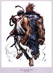 Rule 34 | 2boys, absurdres, armor, back-to-back, barefoot, beads, black hair, capcom, clenched hands, dougi, akuma (street fighter), highres, japanese armor, kote, lee jung-myung, multiple boys, muscular, prayer beads, red hair, ryu (street fighter), scan, short hair, street fighter, topknot