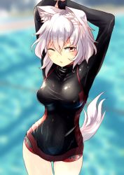 Rule 34 | 1girl, animal ears, arms behind head, arms up, black one-piece swimsuit, breasts, competition swimsuit, cowboy shot, female focus, highres, inubashiri momiji, long sleeves, looking at viewer, medium breasts, nama shirasu, one-piece swimsuit, one eye closed, orange eyes, short hair, solo, stretching, swimsuit, tail, touhou, wet, white hair, wolf ears, wolf tail