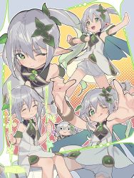 Rule 34 | 1girl, closed eyes, closed mouth, cross-shaped pupils, dress, genshin impact, green eyes, grey hair, hair between eyes, hair ornament, highres, long hair, looking at viewer, matsushita yuubin, multiple views, nahida (genshin impact), one eye closed, open mouth, outline, outstretched arms, pantaloons, pointy ears, side ponytail, sitting, sleeveless, sleeveless dress, smile, spread arms, swing, symbol-shaped pupils, tongue, tongue out, white dress, white outline