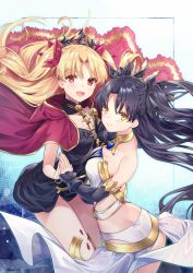 Rule 34 | 2girls, black dress, blonde hair, breasts, cape, cleavage, copyright name, dress, earrings, elbow gloves, ereshkigal (fate), fate/grand order, fate (series), gloves, hair between eyes, hoop earrings, ishtar (fate), jewelry, long hair, multiple girls, neck ring, red cape, single elbow glove, single sleeve, tiara, two side up, very long hair, yuya (night lily)