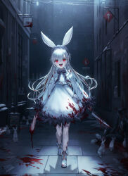 Rule 34 | 1girl, :d, animal ears, bag, blood, blood on clothes, blood splatter, bloody knife, bow, bowtie, carrot, chalkboard sign, commentary, corpse, frilled hairband, frills, hairband, hat, highres, holding, holding knife, holding limb, knife, open mouth, original, rabbit, rabbit ears, rabbit girl, red eyes, sachi (160332), severed limb, shoulder bag, sign, smile, solo focus, white bag, white footwear, white hair