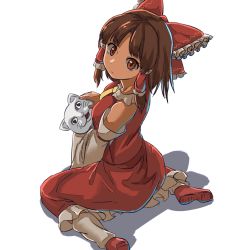 Rule 34 | 1girl, animal, benikurage (cookie), bow, breasts, brown eyes, brown hair, cat, closed mouth, commentary request, cookie (touhou), detached sleeves, frilled bow, frills, full body, hair bow, hakurei reimu, highres, holding, holding animal, holding cat, looking at viewer, looking back, manatsu no yo no inmu, medium breasts, medium hair, miura cat, nob1109, parted bangs, red bow, red footwear, red shirt, red skirt, shirt, shoes, simple background, sitting, skirt, sleeveless, sleeveless shirt, socks, touhou, white background, white cat, white legwear, white sleeves