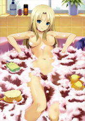Rule 34 | 1girl, absurdres, bath, bathing, bathtub, blonde hair, blue eyes, breasts, brush, highres, koutaro, large breasts, long hair, navel, nipples, nude, nude filter, partially submerged, pussy, rubber duck, smile, solo, third-party edit, uncensored