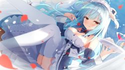 Rule 34 | 1girl, azur lane, bare shoulders, blue background, blue bow, blue bowtie, blue dress, blue hair, bow, bowtie, breasts, cherry, cleavage, cup, detached collar, detached sleeves, dress, drinking glass, food, fruit, hair ornament, highres, legs up, long hair, looking at viewer, madotsukumo, maid headdress, medium breasts, neptune (azur lane), petals, ribbon, skindentation, smile, solo, thighhighs, thighs, tongue, tongue out, two side up, white thighhighs, yellow eyes