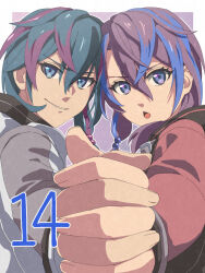 1boy 1girl :o blue_eyes blue_hair border brother_and_sister chiharu_(9654784) countdown eiyuu_densetsu eyelashes hair_between_eyes highres holding_hands ixs_(kuro_no_kiseki) jolda_(kuro_no_kiseki) kai_no_kiseki kuro_no_kiseki_(series) looking_at_viewer multicolored_hair outside_border purple_hair siblings smile streaked_hair two-tone_hair v-shaped_eyebrows white_border