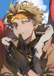 Rule 34 | 1boy, black gloves, black shirt, blonde hair, blue sky, boku no hero academia, bomber jacket, brown jacket, costume, day, ear piercing, earrings, eyewear on head, facial hair, facial mark, feathered wings, feathers, forked eyebrows, fur-trimmed jacket, fur trim, glove in mouth, glove pull, gloves, goatee, hawks (boku no hero academia), headphones, headphones around neck, high collar, jacket, jewelry, kadeart, looking at viewer, male focus, mouth hold, outdoors, piercing, portrait, red feathers, red wings, removing glove, rimless eyewear, shirt, short hair, skin tight, sky, solo, striped clothes, striped shirt, stubble, stud earrings, teeth, tight clothes, tight shirt, tinted eyewear, twitter username, wings, yellow eyes