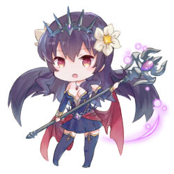 Rule 34 | 1girl, bare shoulders, black dress, black hair, breasts, chibi, cleavage, dress, flower, hair flower, hair ornament, headdress, lowres, open mouth, persephone (p&amp;d), pink eyes, puzzle &amp; dragons, solo, staff, tsunakan, wings