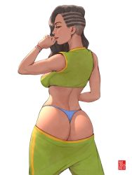 Rule 34 | 1girl, ass, bare arms, blue panties, blush, breasts, capcom, clothes pull, cornrows, cowboy shot, crop top, dark skin, female focus, from behind, green pants, highres, laura matsuda, looking at viewer, panties, pants, pants pull, simple background, sleeveless, solo, standing, street fighter, thong, underwear, volt crocodile, white background