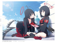 Rule 34 | 2girls, ahoge, armband, black choker, black footwear, black hair, black sailor collar, black serafuku, black shirt, black skirt, black socks, black wings, blood, blood on clothes, blue archive, blue sky, blush, bob cut, boots, border, bow, bowtie, breasts, choker, cloud, cloudy sky, colored shoe soles, crop top, day, dripping, eyeliner, feathered wings, full body, halo, holding, holding magazine, indian style, liquid halo, long hair, long sleeves, low wings, magazine (object), makeup, mashiro (blue archive), multiple girls, neckerchief, necktie, official art, open mouth, outdoors, paperclip, pleated skirt, purple eyes, red armband, red bow, red bowtie, red choker, red eyes, red neckerchief, sailor collar, school uniform, serafuku, shirt, shoe soles, shoes, short hair, sitting, skirt, sky, small breasts, socks, sweater, tsurugi (blue archive), undone necktie, very long hair, wavy mouth, white border, wings