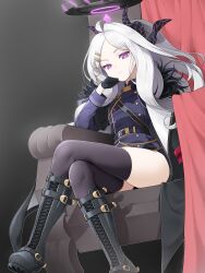 Rule 34 | 1girl, black gloves, blue archive, boots, cross-laced footwear, gloves, highres, hina (blue archive), koflif, lace-up boots, long sleeves, looking at viewer, purple eyes, sitting, solo, thighs, white hair