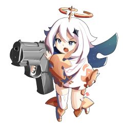 Rule 34 | 1girl, angry, automatic giraffe, boots, floating, genshin impact, grey eyes, gun, hair between eyes, halo, handgun, holding, holding gun, holding weapon, mini person, minigirl, open mouth, paimon (genshin impact), pistol, solo, v-shaped eyebrows, weapon, white background, white hair, wings