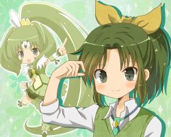 Rule 34 | 10s, 1girl, big hair, bike shorts, cure march, dress, dual persona, eyelashes, green background, green dress, green eyes, green hair, green necktie, green shorts, green skirt, green sweater vest, green theme, highres, long hair, magical girl, midorikawa nao, necktie, pointing, ponytail, precure, ryoutan, shoes, short hair, shorts, shorts under skirt, skirt, sleeves rolled up, smile, smile precure!, sweater vest