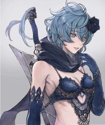 Rule 34 | 1girl, armpit crease, blue bra, blue eyes, blue gloves, blue hair, blue scarf, bra, breasts, cleavage, commentary request, drag-on dragoon, drag-on dragoon 3, elbow gloves, eyelashes, flower, gloves, grey background, hair flower, hair ornament, highres, medium breasts, parted lips, scarf, short hair, simple background, solo, sword, teeth, tricoliet, two (drag-on dragoon), underwear, upper body, weapon, weapon on back