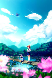 Rule 34 | 2girls, bug, butterfly, cloud, day, flower, insect, lily pad, lotus, multiple girls, nature, ponytail, scenery, school uniform, serafuku, sky, striped legwear, thighhighs, water