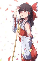 Rule 34 | 1girl, absurdres, arm up, ascot, black hair, bloom, blurry, bow, broom, commentary request, confetti, cowboy shot, depth of field, detached sleeves, expressionless, frilled bow, frilled hair tubes, frilled shirt collar, frills, hair between eyes, hair bow, hair tubes, hakurei reimu, hand over face, highres, holding, holding broom, light blush, long hair, long sleeves, looking up, motion blur, parted lips, petticoat, red bow, red eyes, red skirt, red vest, ribbon-trimmed sleeves, ribbon trim, shadow, sidelocks, simple background, skirt, skirt set, solo, touhou, traum, vest, white background, wide sleeves, yellow ascot
