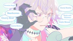Rule 34 | 1boy, adjusting eyewear, black gloves, blue eyes, blue hair, commentary, confused, english commentary, english text, gavis bettel, glasses, gloves, grey hair, hair between eyes, heterochromia, highres, holostars, holostars english, looking down, lynnear, male focus, multicolored hair, open mouth, pastel colors, pink eyes, pink hair, portrait, reading, round eyewear, scarf, short hair, simple background, solo, sparkle, speech bubble, virtual youtuber, white scarf