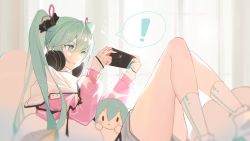 Rule 34 | !, 1girl, aqua eyes, aqua hair, aqua nails, breasts, chinese commentary, closed mouth, commentary request, crossed legs, day, ellase, feet out of frame, grey shorts, hair between eyes, hair ornament, hair ribbon, handheld game console, hands up, hatsune miku, headphones, headphones around neck, highres, holding, holding handheld game console, jacket, leaning back, long hair, looking away, nail polish, nintendo switch, off shoulder, open clothes, open jacket, pillow, pink jacket, ribbon, screen light, scrunchie, shirt, shorts, sitting, sky, sleeves past wrists, small breasts, socks, solo, speech bubble, stuffed toy, sunlight, twintails, vocaloid, white shirt, white socks, window