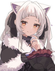 Rule 34 | 1girl, absurdres, alternate costume, animal ears, black coat, black ribbon, blush, cat ears, closed mouth, coat, collar, detached collar, frilled collar, frilled sleeves, frills, fur scarf, hair intakes, hair ribbon, heart, highres, hololive, kemonomimi mode, long hair, looking at viewer, murasaki shion, murasaki shion (gothic lolita), oisiimizu, orange eyes, ribbon, sidelocks, silver hair, simple background, smile, solo, two side up, upper body, virtual youtuber, white background