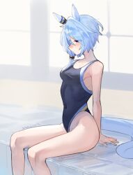 Rule 34 | 1girl, animal ears, armpits, blue eyes, blue hair, blush, breasts, closed mouth, commentary request, competition swimsuit, hair between eyes, hair ornament, highres, horse ears, horse tail, k.s.miracle (umamusume), one-piece swimsuit, saramiao-chan, sitting, small breasts, solo, swimsuit, tail, umamusume, white background