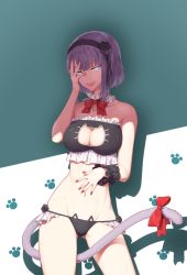 Rule 34 | 10s, 1girl, :p, alternate costume, bad id, bad pixiv id, bare shoulders, bell, black flower, black panties, black ribbon, black rose, blue eyes, bow, bowtie, breasts, cat cutout, cat ear panties, cat lingerie, cat tail, choker, cleavage, cleavage cutout, clothing cutout, collarbone, cowboy shot, dagashi kashi, detached collar, flower, frills, gluteal fold, hair flower, hair ornament, hair ribbon, hairband, hand on own face, hand on own stomach, harafha, highres, jingle bell, large breasts, looking at viewer, meme attire, nail polish, navel, neck bell, panties, paw print, purple hair, red bow, red bowtie, red nails, ribbon, ringed eyes, rose, shade, shadow, shidare hotaru, short hair, solo, stomach, strapless, string panties, tail, tail bow, tail ornament, tongue, tongue out, underwear, underwear only, wrist cuffs
