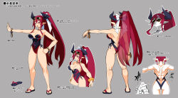 Rule 34 | 1girl, ass, backless swimsuit, bead bracelet, beads, bracelet, breasts, butt crack, choker, cleavage, demon girl, demon horns, disgaea, disgaea rpg, eyewear on head, grey background, higan zesshousai, highres, horns, jewelry, large breasts, long hair, mouth hold, multiple views, non-web source, official art, open mouth, outstretched arm, photoshop (medium), pointy ears, prinny, red eyes, red hair, simple background, standing, strapless, sunglasses, text focus, toned, turnaround, very long hair
