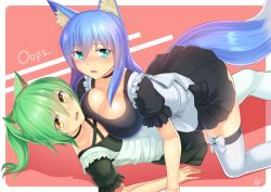 Rule 34 | 2girls, all fours, animal ear fluff, animal ears, apron, arm support, asymmetrical docking, black choker, black dress, blue eyes, blue hair, blush, bow, breast press, breasts, cat ears, cat girl, cat tail, choker, cleavage, dress, fox ears, fox girl, fox tail, frilled apron, frills, girl on top, green hair, hair between eyes, highres, kyu (wein-seria), large breasts, maid, multiple girls, nose blush, open mouth, original, pleated dress, ponytail, puffy short sleeves, puffy sleeves, short dress, short sleeves, sweat, tail, thighhighs, white apron, white bow, white legwear, yellow eyes, yuri