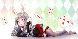 Rule 34 | 1girl, animal ears, arm support, black thighhighs, card, curly hair, elbow gloves, elin, fishnet thighhighs, fishnets, full body, gloves, grin, highres, long hair, lying, miniskirt, no shoes, on side, pink eyes, playing card, rabbit ears, rabbit tail, shirt, silver hair, skirt, sleeveless, sleeveless shirt, smile, solo, tail, tera online, thighhighs, yakitori (taikisyatoru), zettai ryouiki