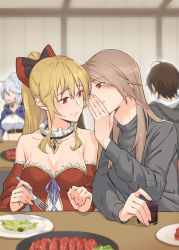 Rule 34 | 1boy, 3girls, bare shoulders, black bow, blonde hair, blurry, blurry background, blush, bow, breasts, brown hair, choker, cleavage, closed mouth, collarbone, couple, crop top, cup, detached sleeves, earrings, fork, granblue fantasy, grey sweater, grin, hair between eyes, hair bow, high ponytail, highres, holding, holding cup, holding fork, indoors, jewelry, katalina (granblue fantasy), long hair, long sleeves, medium breasts, miso-ha (ukyuu), multiple girls, purple ribbon, red bow, red eyes, red sleeves, ribbon, short hair, sidelocks, smile, straight hair, strapless, sweater, two-tone bow, vira (granblue fantasy), white hair, yuri