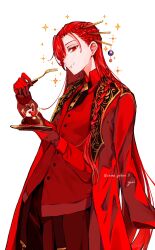 Rule 34 | 1girl, androgynous, artist name, braid, cake, collared shirt, eating, fate/grand order, fate (series), food, food on face, fork, gloves, hair ornament, hair over one eye, hair stick, highres, holding, holding fork, holding plate, jacket, jacket on shoulders, long hair, oda nobunaga (fate), oda nobunaga (maou avenger) (fate), ornate clothes, pants, plate, red eyes, red gloves, red hair, red jacket, red pants, red theme, red vest, shirt, simple background, solo, sparkle, twitter username, very long hair, vest, white background, yui (tamagohan)