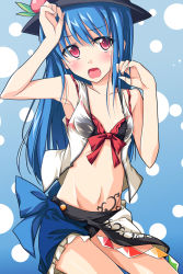 Rule 34 | 1girl, adapted costume, armpits, bare shoulders, bikini, blue hair, blush, female focus, food, fruit, hat, hinanawi tenshi, long hair, navel, nu (plastic eraser), peach, pubic tattoo, red eyes, revealing clothes, sarong, skirt, solo, swimsuit, tattoo, touhou