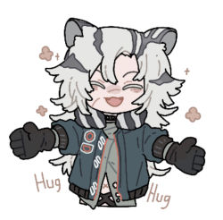 Rule 34 | 1girl, ^ ^, animal ears, arknights, black choker, black gloves, blue jacket, choker, closed eyes, fangs, gloves, grey hair, grey shirt, incoming hug, indra (arknights), jacket, jaggy lines, long hair, multicolored hair, open clothes, open jacket, open mouth, scar, scar on face, scar on nose, shirt, simple background, solo, studded choker, thurim6, tiger ears, tiger girl, two-tone hair, upper body, white background, x navel