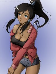 Rule 34 | 1girl, alternate costume, avatar: the last airbender, avatar legends, breast hold, breasts, casual, cleavage, coldtrojan, colorized, contemporary, cowboy shot, dark-skinned female, dark skin, female focus, hair tubes, jacket, korra, large breasts, long hair, midriff, naso4, no bra, off shoulder, open clothes, open jacket, ponytail, shirt, short shorts, shorts, smile, solo, strap gap, sweatdrop, tank top, taut clothes, taut shirt, the legend of korra, topknot