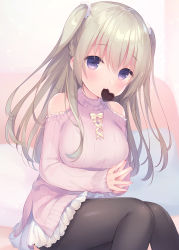 Rule 34 | 1girl, black legwear, blush, bow, braid, breasts, brown hair, candy, chocolate, chocolate heart, closed mouth, clothing cutout, commentary request, feet out of frame, food, food in mouth, hair between eyes, hair ornament, heart, highres, knees together feet apart, large breasts, long hair, long sleeves, looking at viewer, mouth hold, original, pink sweater, purple eyes, ribbed sweater, shoulder cutout, sitting, skirt, sleeves past wrists, smile, solo, steepled fingers, sweater, two side up, usashiro mani, very long hair, white skirt, yellow bow