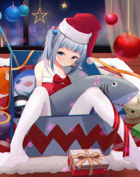 Rule 34 | 1girl, absurdres, bloop (gawr gura), blue eyes, blue hair, bow, box, bubba (watson amelia), christmas ornaments, commentary request, death-sensei (mori calliope), dress, gawr gura, hair ornament, hat, highres, hololive, hololive english, in box, in container, indoors, jayamon, knees up, kotori (takanashi kiara), long hair, looking at viewer, multicolored hair, no shoes, pantyhose, red bow, red dress, red ribbon, ribbon, santa costume, santa hat, side ponytail, silver hair, sitting, solo, streaked hair, stuffed animal, stuffed shark, stuffed toy, takodachi (ninomae ina&#039;nis), virtual youtuber, white pantyhose, window