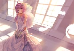 Rule 34 | 1girl, ahoge, blush, bouquet, bridal veil, dress, feathers, flower, hair flower, hair ornament, highres, holding, holding bouquet, hopepe, long hair, looking at viewer, parted lips, purple eyes, purple hair, rose, smile, solo, veil, vocaloid, voiceroid, wedding dress, white dress, white flower, white rose, yuzuki yukari